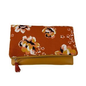 Rachel Pally Fold Over Clutch Floral Bohemian Tassel Canvas Handbag Orange Purse